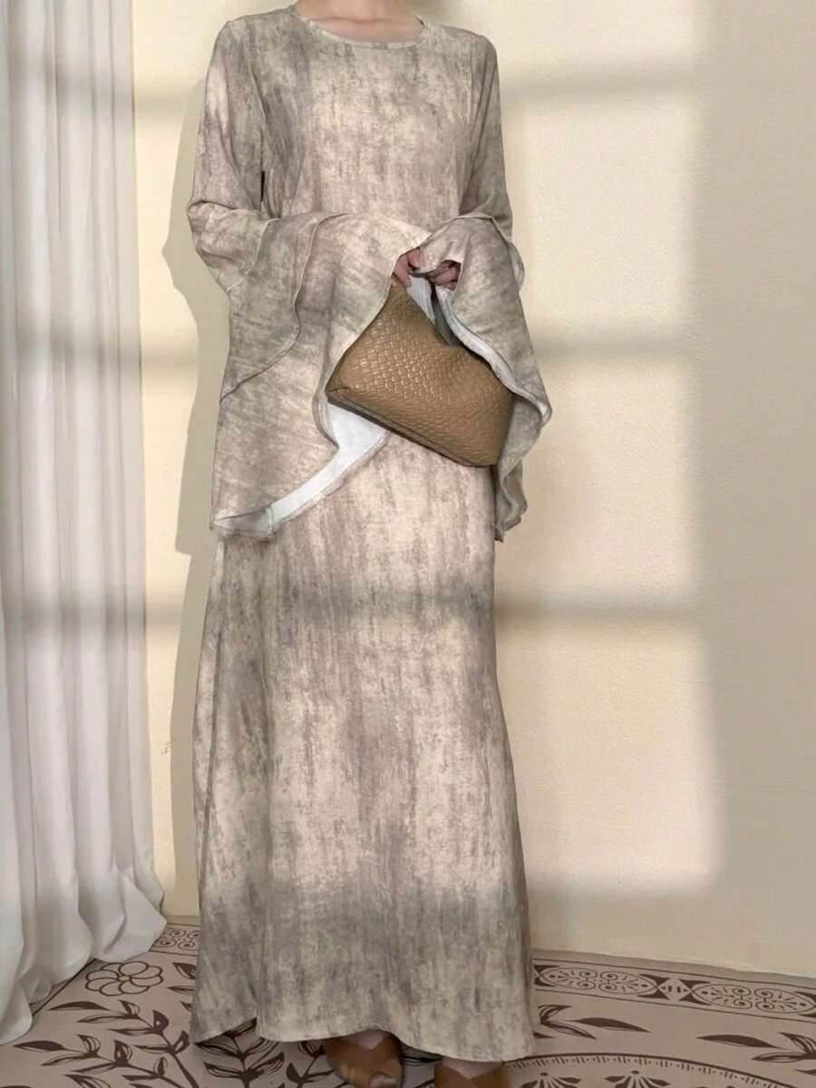 女士优雅长袖圆领荷叶边下摆连衣裙 - 彩色 - 查看 1