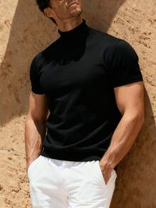 Men's Short Sleeve Mock Neck T-Shirt - Black - View 2