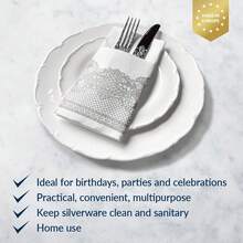 PAW - Linen Feel Napkins With Built-In Flatware Pocket, Soft And Absorbent Paper Pre-Folded Napkins With Silver Lace, Elegant Guest Towels, Wedding Party, Dinner, Birthday, Gatherings, 50 Count,Flatwpkins,RoyalLaceSilver - RoyalLaceSilver - 查看 3