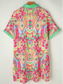 1 Women Floral Geometric Print Cuffed Shift Shirt Dress Button Front Dress Mini Dress - Multicolor - View 5