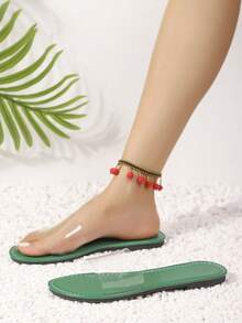Solid Color Bohemian Slippers, Fashionable French Style Transparent Slip-On Sandals, Non-Slip Indoor/Outdoor Sexy Transparent Strap Slippers, Comfortable To Wear With Dresses, Flat Women Sandals For Summer - Green - View 3