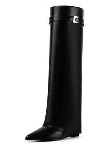 Womens New Fashionable Fold Over Boots Pointed Toe Wedge Heel Pull On Knee High Boots For Women Wide Calf With Side Zipper Padlock Design Cuffed Covered Vintage Fashion Wedding Slip On Party Shoes Work Business Casual Black Shark Booties Easter Gift Spring Festival Summer Boots Leather Folded Black Booties Shoes - Đen không khóa - Xem 3