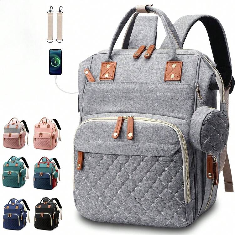 婴儿尿布背包，男女宝宝通用，爸爸妈妈适用，16个口袋，带奶嘴收纳袋，大容量旅行尿布包 - 彩色 - 查看 14