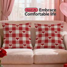2pcs Heart Plaid Pattern Pillow Cover, Single-Sided Printed Cushion Cover, Suitable For Living Room, Bedroom, Home Decor, All Season