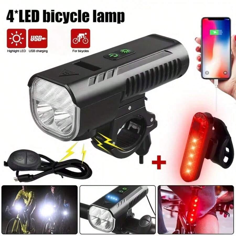 Rechargeable Bicycle Light Set, Super Bright Rear Bike Light For Night Rides, Essential Waterproof Headlights And Taillights, 4 Warning Light Modes For Men And Women - Black - View 1