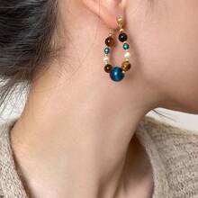 Silver Needle Pearl Tiger Eye Stone Crystal Beaded Water Drop Pendant Earrings Vintage Earrings Studs Niche Design Sense Ear Jewelry - #2 Kim Bạc - Vàng - Xanh - Xem 4