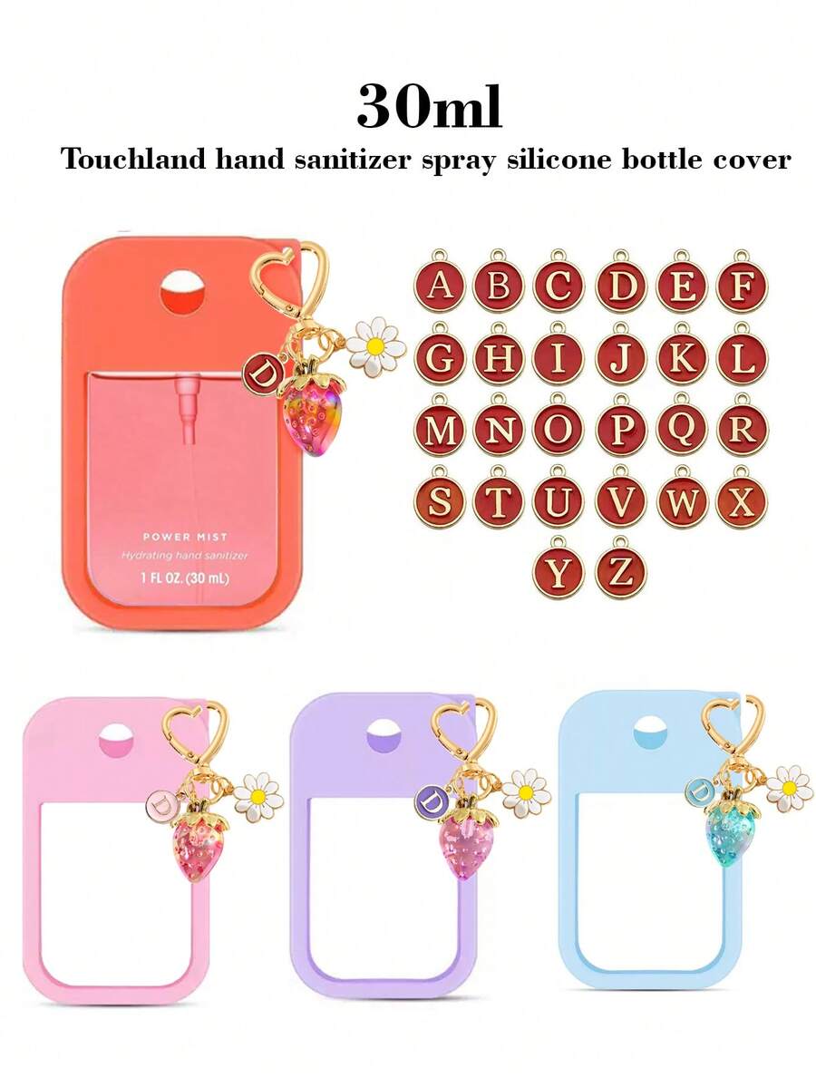 Touchland 30ml 防摔硅胶套,带26个字母草莓花吊坠钥匙扣,方便携带的洗手液喷雾瓶套 - 彩色 - 查看 1