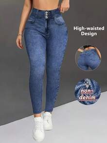 Women's High Waist Skinny Jeggings With Denim Print, Curve-Enhancing, Tummy Control, Soft Stretchy Fabric, Suitable For Workout And Everyday Wear - Blue - View 2