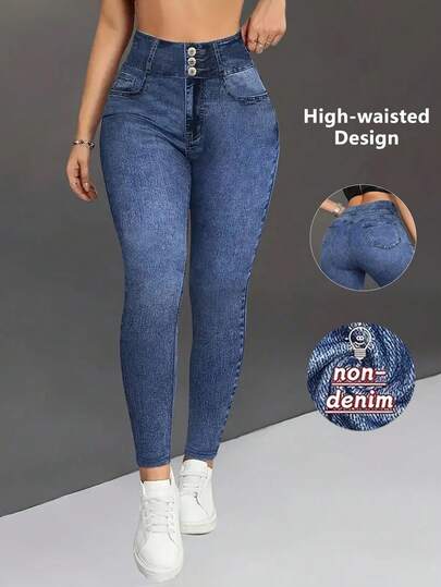 Women's High Waist Skinny Jeggings With Denim Print, Curve-Enhancing, Tummy Control, Soft Stretchy Fabric, Suitable For Workout And Everyday Wear
