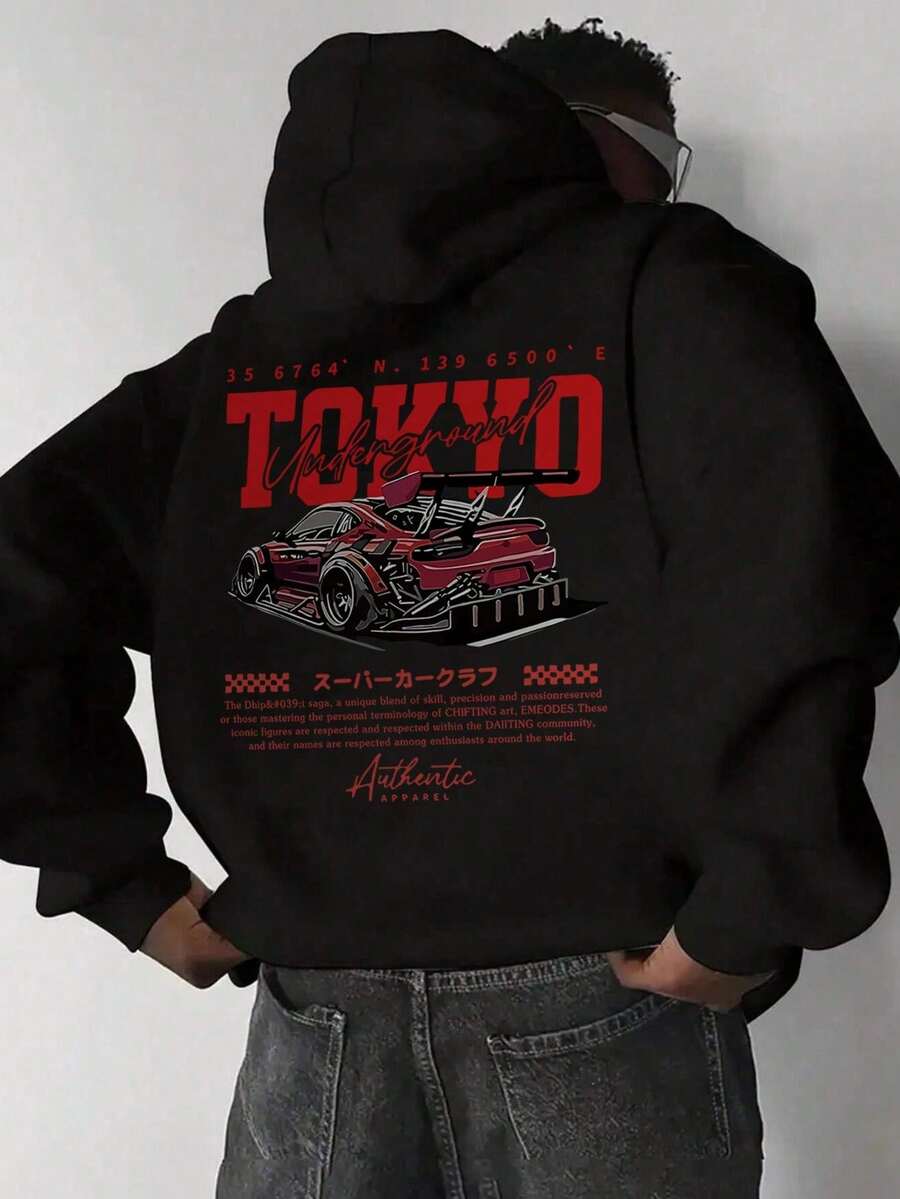 250g Polyester Fiber Men's Hooded Sweatshirt With Long Sleeved ,Y2K  Hyper Drift Racing Car Pattern Print, Fashionable And Loose Casual Fleece Sweatshirt Suitable For Autumn And Winter Wear On The Street - 黑色2 - 查看 1
