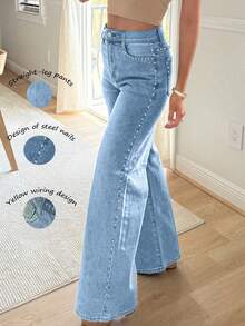 Women's High - Waisted Wide Leg Jeans, Vintage Washed Loose Denim Pants With Side Studs, Casual/Workwear - 淺色水洗藍 - 查看 2