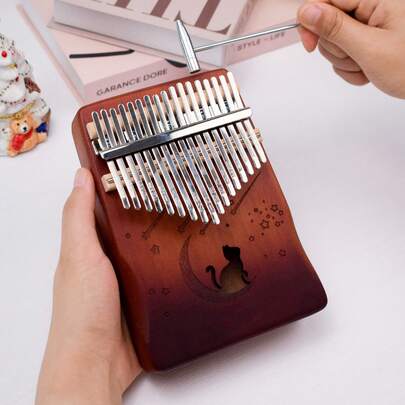 Piano de pulgar Kalimba de 17 teclas para principiantes, diseño de luna, gato, mariposa y flor de amor, instrumento musical de madera con martillo de afinación y guía, regalo único para niños y adultos