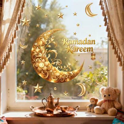 This PVC Material Ramadan-Themed Static Cling Window Sticker Features Shiny Gold Lanterns And Crescent Moon Patterns, With Delicate Star Decorations. This Residue-Free Self-Adhesive Window Sticker Is Very Suitable For Ramadan Celebration Activities, Islamic Religious Festivals, And Spring Home Window Decoration, And Can Be Used As A Holiday Glass Ornament.