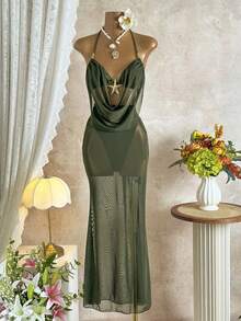 3pcs/Set Women's Sexy Bikini Swimsuit, High Neck Crop Top, Starfish Pattern Metal Strap Top, Elegant Party, Graduation, Ball, Luxury Dinner Outfit, Autumn/Winter, Christmas, National Day, New Year, Cover-Up - Army Green - View 6