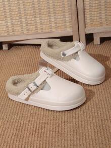 Women's Slip-On Clogs, New Winter EVA Birkenstocks Style Plastic Lightweight Thick Sole Fashion Indoor Furry Slippers With Buckle, Warm Holey Shoes