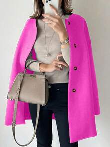 Plus Size Mid-Length Coat, Front Button Closure, Round Neck Long Sleeve, Solid Color Woolen Coat, Autumn/Winter Bestseller Spring - Hot Pink - View 3