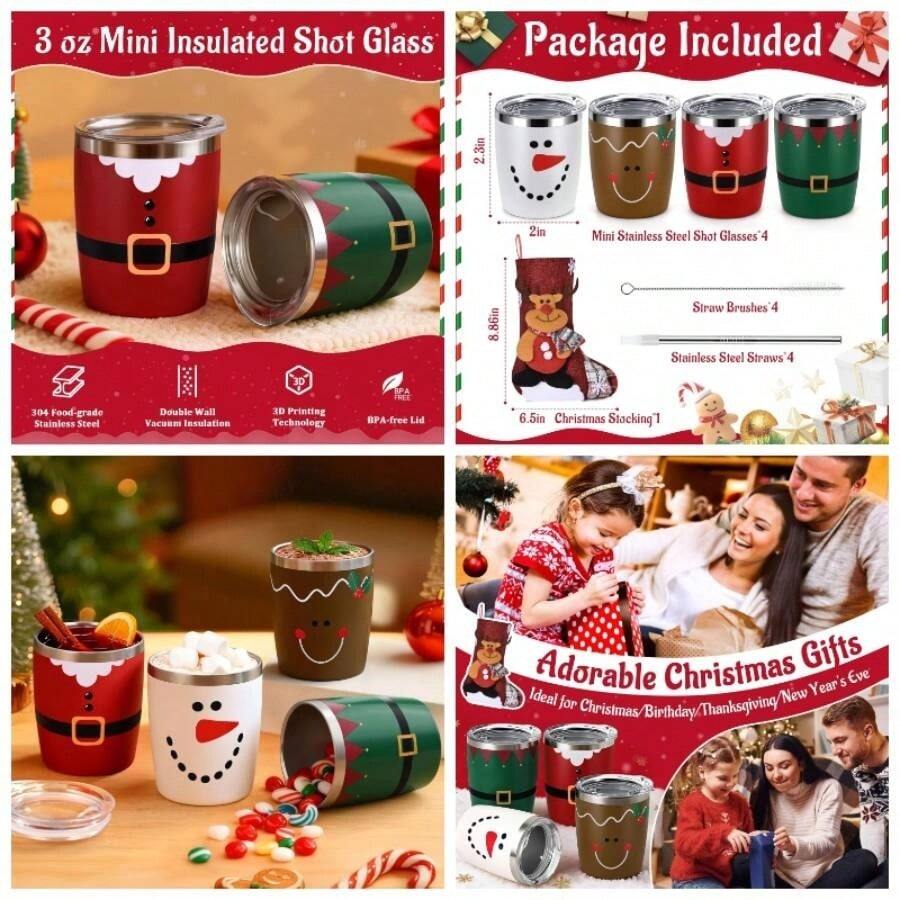 - Juego de 4 piezas de regalo de Navidad, vasos de chupito con medias de Navidad, tapas y pajitas, tazas de Navidad de acero inoxidable de 3 onzas para fiestas navideas, reuniones - Multicolor-1 - Ver 1