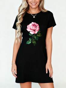 Rose Graphic T-Shirt Dress, Small, 's Dress, Casual Summer Dress - 黑色 - 查看 5