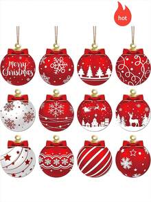 12pcs 2D Flat Elegant Wooden Christmas Ball Ornament Set - 12pcs 2D Flat Christmas Hanging Decorations, Wooden Hanging Ornaments For Home Decor, Perfect For Trees, Gardens And Parties, Winter New Year Home Party Supplies (Assorted)