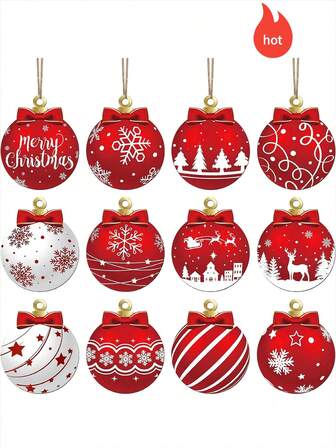 12件套2D扁平优雅木质圣诞球挂饰套装 - 12件套2D扁平圣诞悬挂装饰品，木质悬挂饰品，适用于家居装饰，完美适用于圣诞树、花园和派对，冬季新年家庭派对用品（多种款式）