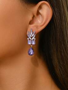 1 paire de boucles d'oreilles à goutte élégantes et à la mode avec fleurs et strass, convient pour le port en extérieur et en vacances - Prune - Voir 2