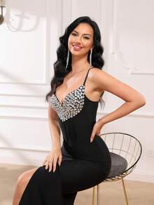 Love Aing Lady's Black Dress - Elegant, For Glamorous Parties, Sexy High-Cut Reaching Down To The Thighs, Luxurious Formal Evening Gown, New Year Outfit, Wedding Guest Attire, Cocktail Party Dress, Shiny Dress. - Black - View 12