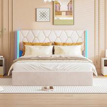 HOKZYHOUSE Gepolstertes Doppelbett – 140/160x200 cm – 2-Personen-Bett – Gestepptes Bett – mit Lattenrost und Kopfteil – für Erwachsene und Jugendliche – Samt – Beige - Beige - Übersicht 5