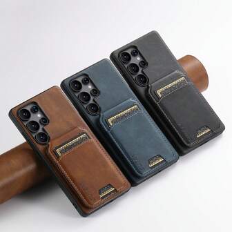  SUTENI Lyxigt Konstläder Oljevax Slät Yta Telefonskal Korthållare Stativ För Galaxy S25Ultra S24Plus S23 S22 För Unisex Släktingar Vänner Och Äldre Julklapp