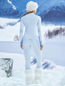 Leorrey 1 Set Women's Crew Neck Contrast Color Tight-Fitting Long Sleeve High Waist Shaping Pants, Outdoor Hiking Skiing Fitness Workout Running Sports Ski Clothes - Blue and White - View 4