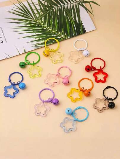 5pcs/10pcs 2.44in/6.2cm Colorful Transparent Random Mixed Hollow Five-Pointed Star Small Bell Pendant Keychain, Bag Charm, Fashionable Minimalist Cute Casual Accessory For Daily Outfit, Backpack, Car Keys, Travel, School, Party, Holiday, Valentine's Day, Small Gift