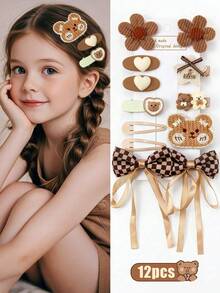 12件套可爱多彩发夹，手工花朵、小熊、丝带蝴蝶结、星星刘海侧夹，甜美女孩日常及派对发饰 - 彩色 - 查看 1