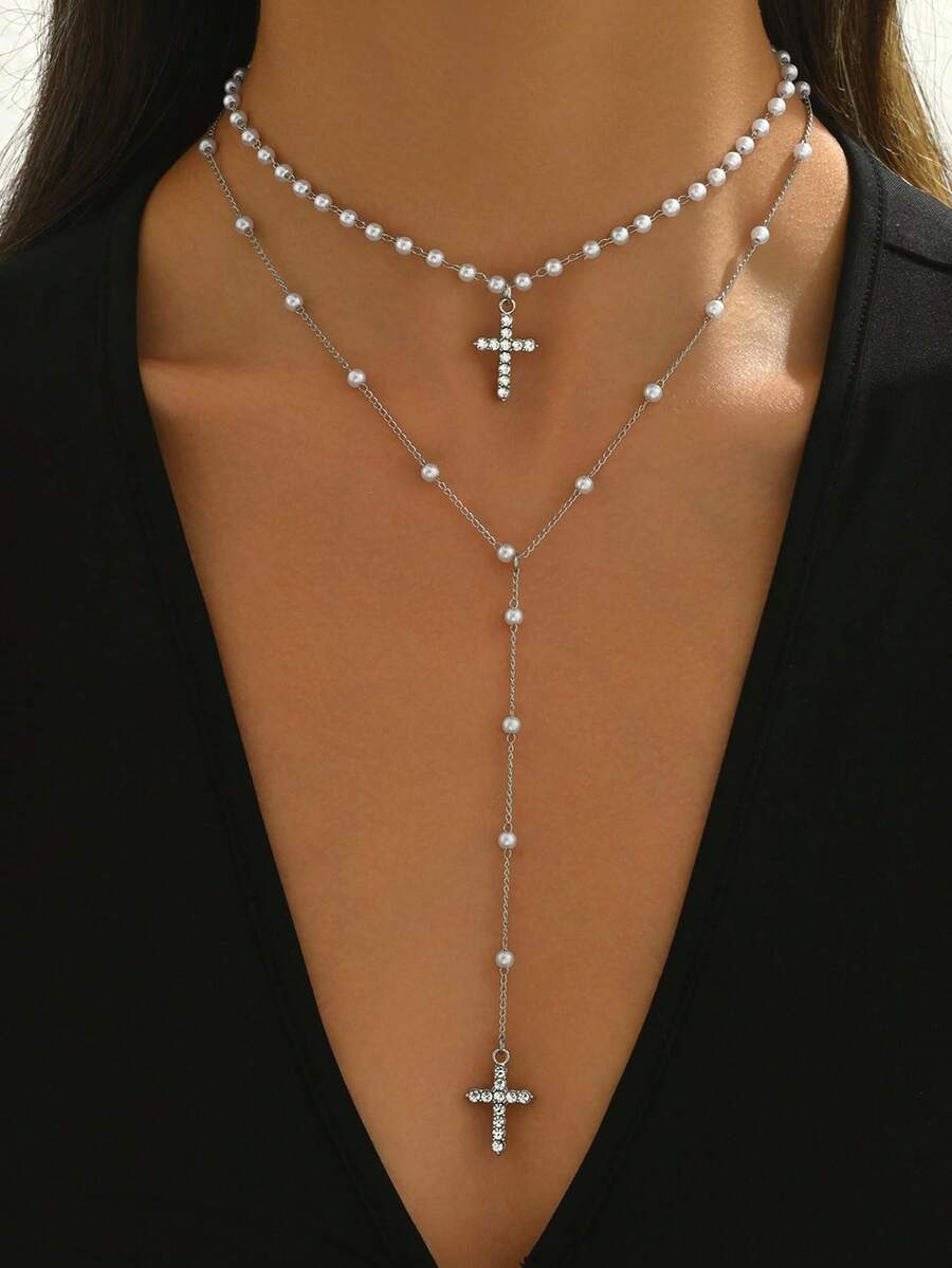 2件套手工玻璃水晶十字架吊坠仿珍珠项链，Y形时尚女式首饰，长度可调节，适合日常佩戴、外出和拍照 - 彩色 - 查看 1