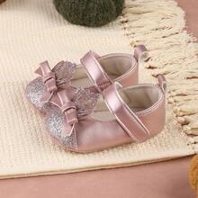 1 Pair Baby Girl Shoes With Bowknot, Hook And Loop Closure, Cute Glitter Crown Design, Versatile Round Toe Flat Shoes, Suitable For Spring And Autumn, 0-6 Months - Pink - View 5