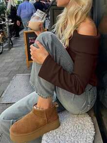 Women's Spring Valentine's Day Casual Off Shoulder Knit Sweater, Brown Long Sleeve Cute Pullover - Brown - View 3