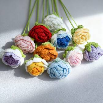 1件手工编织玫瑰花束，人造针织花，玫瑰成品，情人节DIY礼物，装饰品