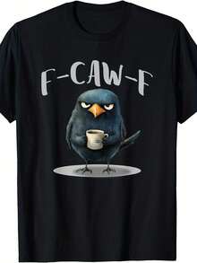 Funny Crow Coffee F-Kaw-F Slogan T-Shirt - A Vintage Loose-Fitting Short-Sleeve Tee Featuring A Caw-F Pun And Crow Design, Perfect As A Casual Humorous Gift For Bird Lovers, Suitable For All Seasons - 黑色 - 查看 2