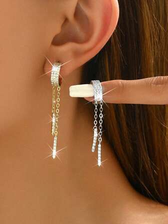 小众设计微镶锆石几何麦穗叶长流苏耳环，奢华高端C形耳钉，百搭时尚耳环