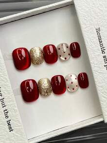 10片手工圆形亚克力按压式美甲，短款，柔和红色，闪亮猫眼，金色闪粉红色波点，奢华简约优雅手工秋季按压式美甲，现代风格，圣诞美甲，多功能美甲DIY假指甲，适合派对、日常、约会、海滩、热带度假等场合，可重复使用，送给女性和女孩的礼物，美甲用品 - 紅色 - 查看 11