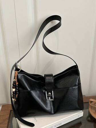 韩版极简纯色斜挎包，复古时尚单肩包，简约腋下包，女士高品质手提包，带吊坠