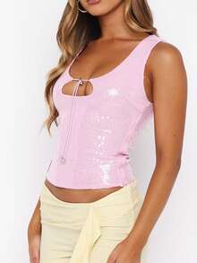 Women's Sequins Tank Tops Sleeveless Scoop Neck Sparkly Rave Party Club Camisole Vest Top - 粉色 - 查看 4