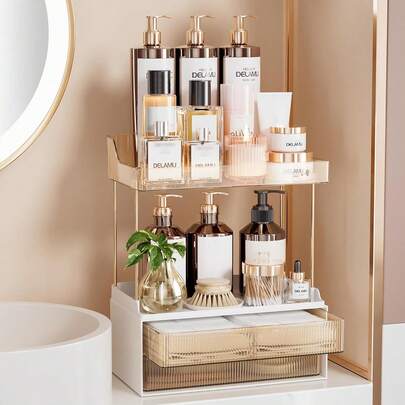 Delamu 2-Tier 2-Drawer Bathroom Organizer Countertop, Multi-Purpose Makeup Organizer Countertop, Large Skincare Organizers, Exquisite Vanity Organizer, Clear