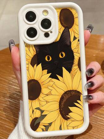 1 pieza Funda de teléfono suave de silicona con cobertura completa, a prueba de golpes y antihuellas, con diseño personalizado de girasol y gato negro, compatible con iPhone 16/16Pro/16Plus/15/15ProMax/15Pro/11/12/13/14ProMax/11Pro/11ProMax/12Pro/12ProMax/13Pro/13ProMax/14Pro/14ProMax/16ProMax/16/16Pro/16Plus