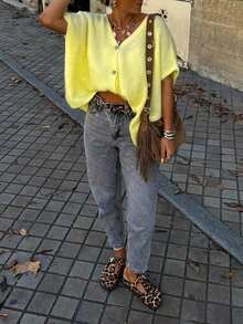 FOR BEAUTY V-Neck Button Short Sleeve Oversized Knit Cardigan, Women Casual Vacation, Dropped Shoulder Top, Cream Yellow Top, New Year - Yellow - View 6