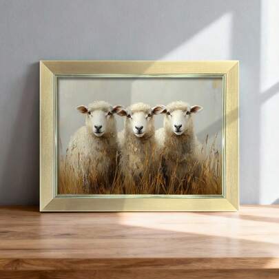 1pc 12x8 Inch (Multi-Size) Minimalist Elegant PS Luxury Gold/Silver/Black Large Picture Frame, Includes 3 Sheep Meadow Oil Painting Art Prints, Suitable For Desktop Or Wall Decor, Home & Office