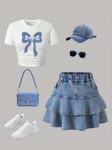 Tween Girl Letter Graphic Print Short Sleeve Top And Denim Skirt Set - White - View 1