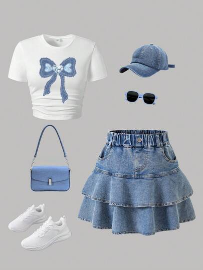 Tween Girl Letter Graphic Print Short Sleeve Top And Denim Skirt Set