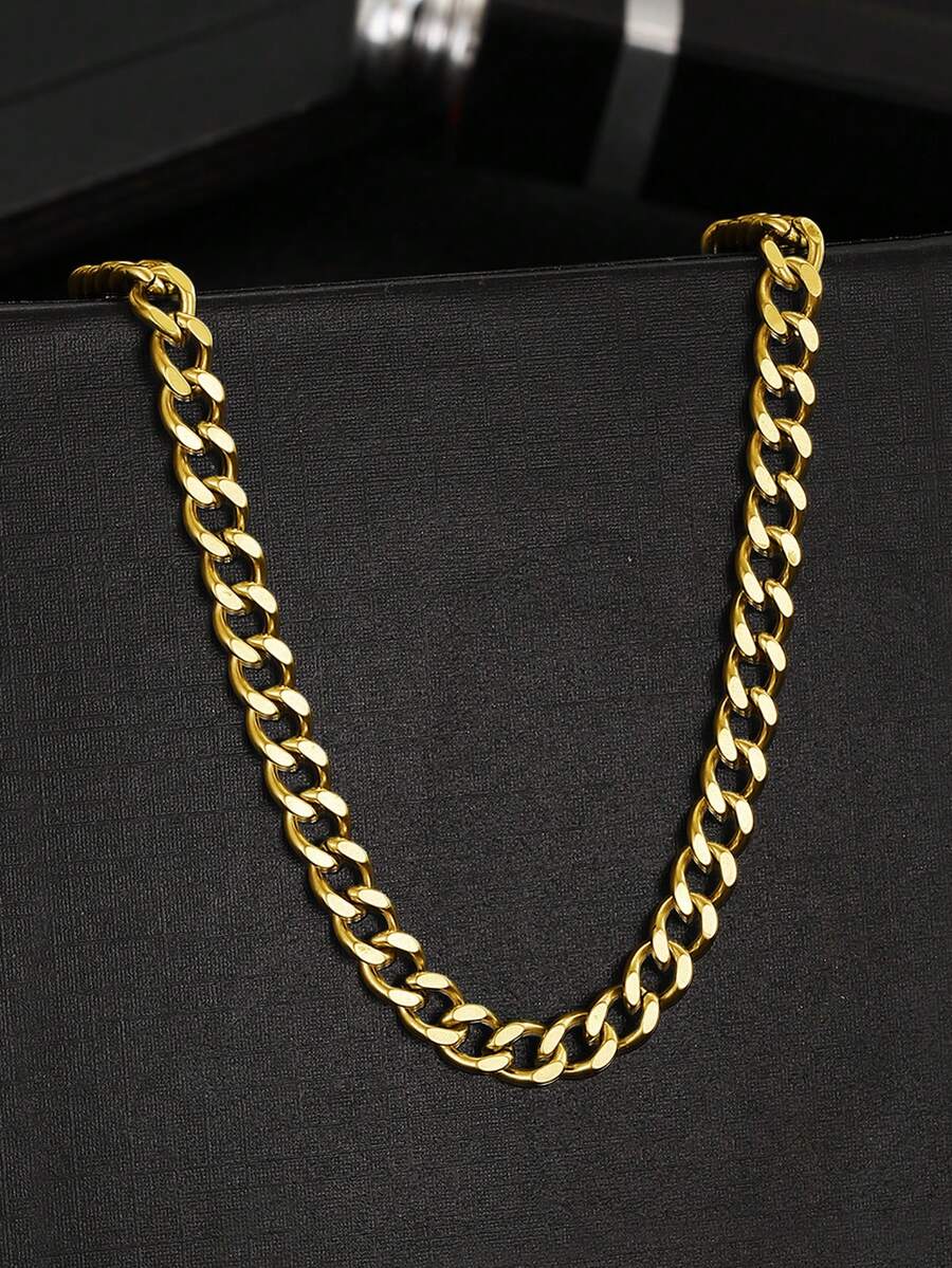 1pc Unisex Stainless Steel Cuban Link Chain Necklace, Suitable For Daily Wear - Gold - View 1
