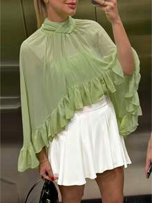 Chiffon Cape For Women Mock Neck Sheer Mesh Shawl Wraps Asymmetrical Flowy Ruffle Capelets For Evening Crop Cover Up Poncho - 淺綠 - 查看 1