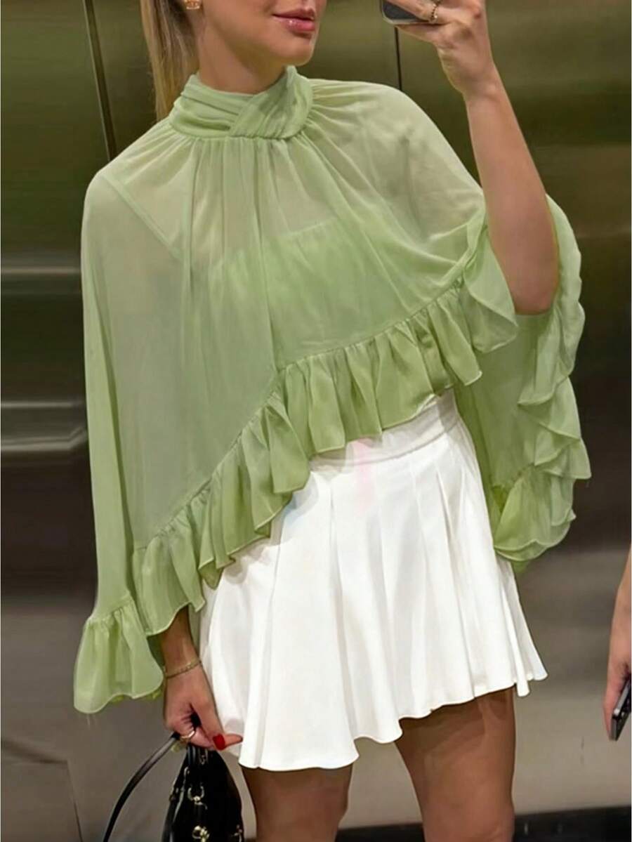 Chiffon Cape For Women Mock Neck Sheer Mesh Shawl Wraps Asymmetrical Flowy Ruffle Capelets For Evening Crop Cover Up Poncho - 淺綠 - 查看 1