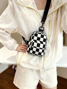 1pc Unisex Black & White Checkerboard Casual Shoulder Bag, Zipper Closure Nylon Fabric Checkerboard Print Crossbody Chest Bag, Suitable For Daily Use, Gatherings, Parties, Ramadan - A - View 5